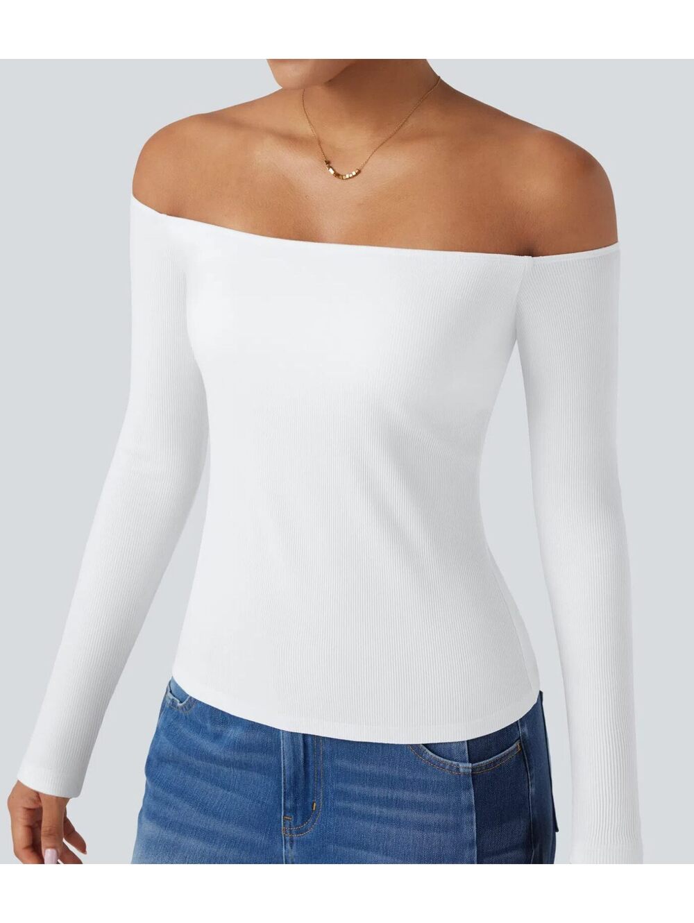 Halara Ribbed Knit Off Shoulder Long Sleeve 2-in-1 Casual Top White Size Medium - Picture 8 of 9